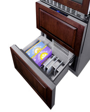 Summit SWCDRF24PNR panel-ready 24 in wine refrigerator with refrigerator-freezer drawers, lower freezer drawer open with food, custom wood panel