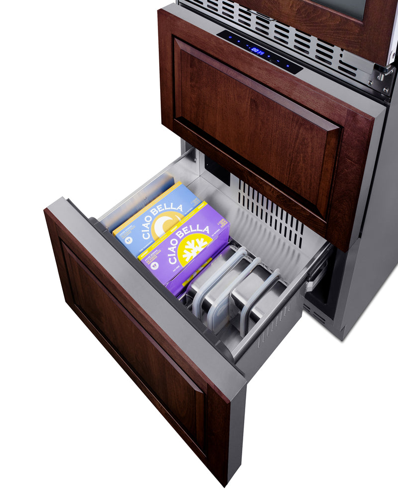 Summit SWCDRF24PNR panel-ready 24 in wine refrigerator with refrigerator-freezer drawers, lower freezer drawer open with food, custom wood panel