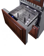 Summit SWCDRF24PNR panel-ready 24 in wine refrigerator with refrigerator-freezer drawers, upper drawer open, custom wood panel