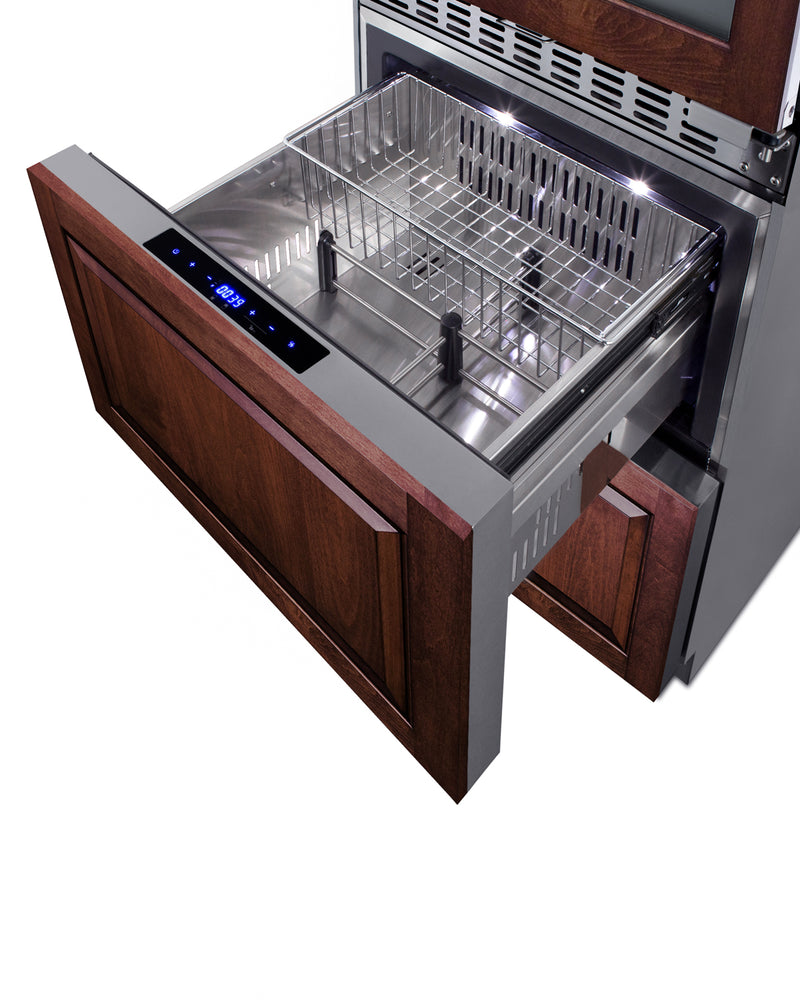 Summit SWCDRF24PNR panel-ready 24 in wine refrigerator with refrigerator-freezer drawers, upper drawer open, custom wood panel