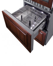 Summit SWCDAR24PNR panel-ready 24 in wine refrigerator with refrigerator drawers, upper drawer open, custom wood panel