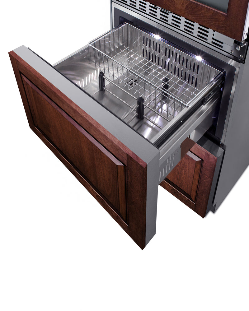 Summit SWCDAR24PNR panel-ready 24 in wine refrigerator with refrigerator drawers, upper drawer open, custom wood panel