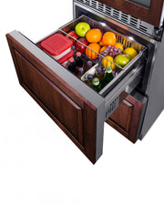 Summit SWCDAR24PNR panel-ready 24 in wine refrigerator with refrigerator drawers, upper drawer open with food, custom wood panel