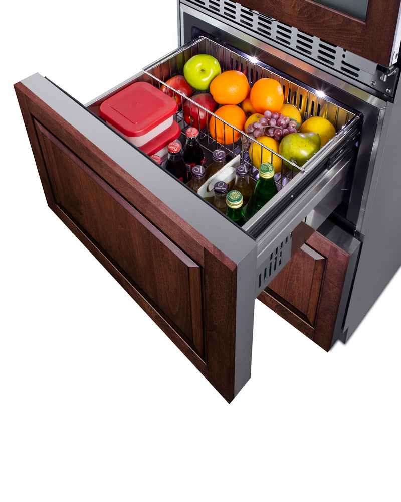 Summit SWCDAR24PNR panel-ready 24 in wine refrigerator with refrigerator drawers, upper drawer open with food, custom wood panel