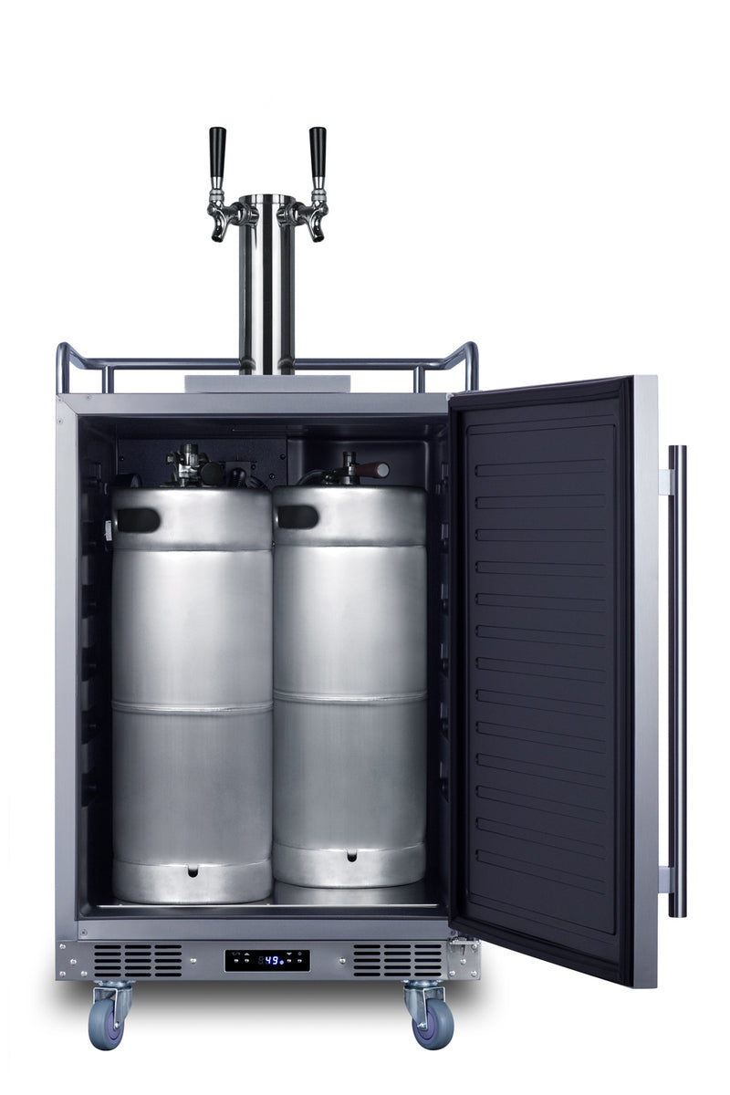 Summit SBC682WKDTWIN stainless steel 24 in dual-tap wine kegerator, door open with two kegs