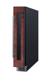 Summit SWC008PNR panel-ready 6 in slim wine refrigerator, shown with a custom wood panel, angle view