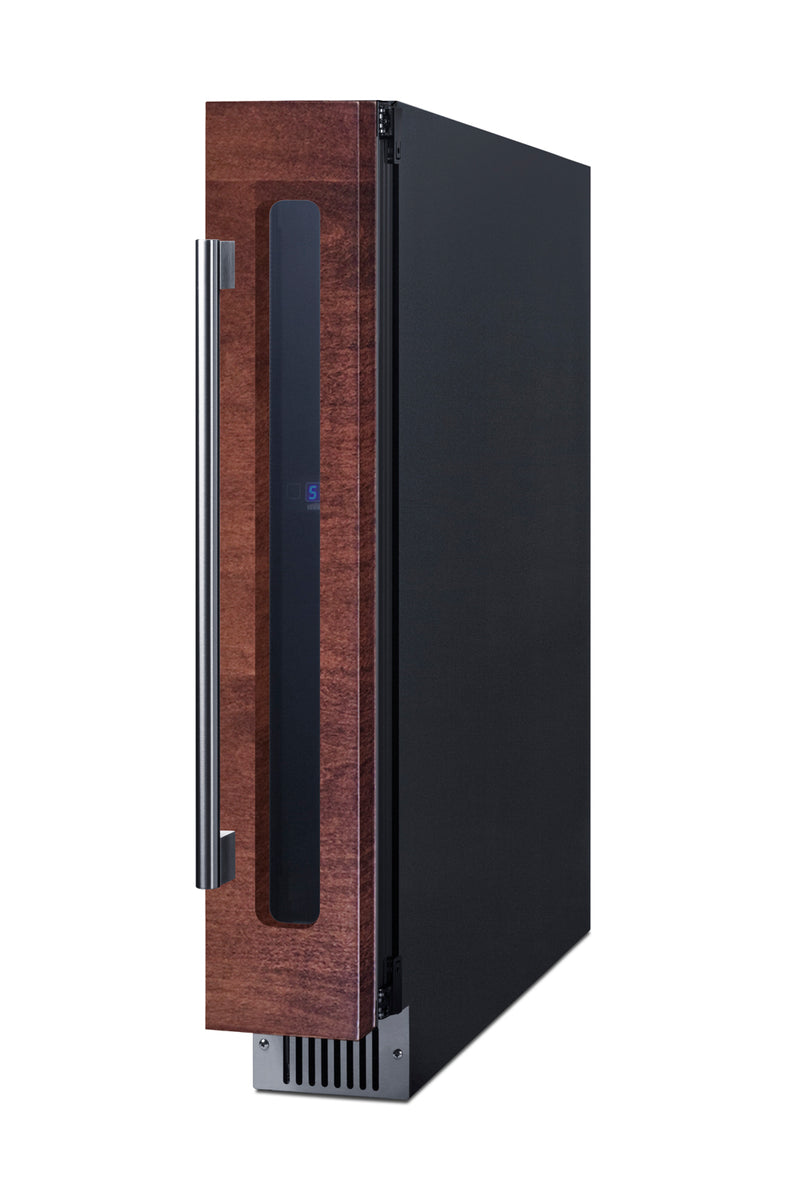 Summit SWC008PNR panel-ready 6 in slim wine refrigerator, shown with a custom wood panel, angle view