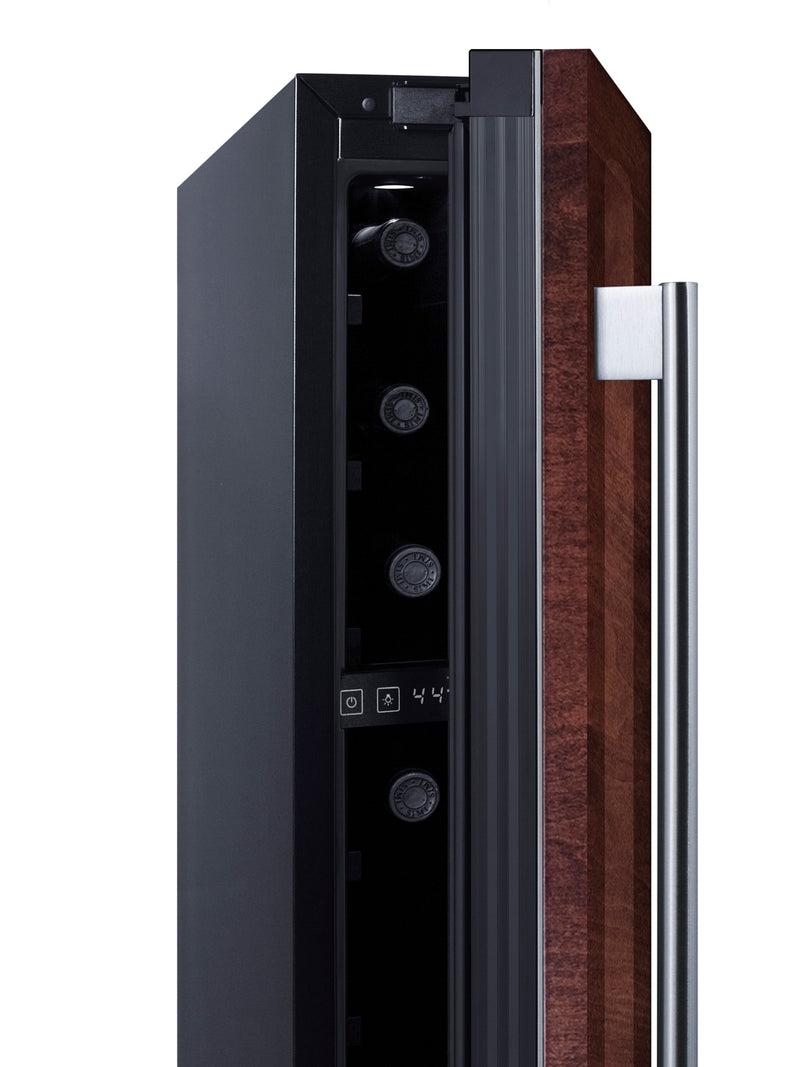 Summit SWC008PNR panel-ready 6 in slim wine refrigerator, side and door detail with custom wood panel