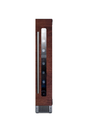 Summit SWC008PNR panel-ready 6 in slim wine refrigerator, shown with a custom wood panel, filled with bottles