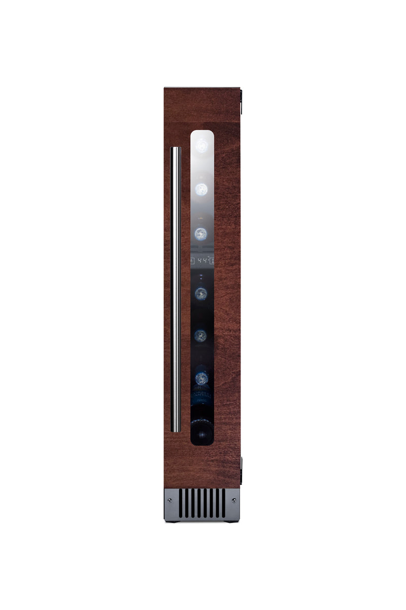 Summit SWC008PNR panel-ready 6 in slim wine refrigerator, shown with a custom wood panel, filled with bottles