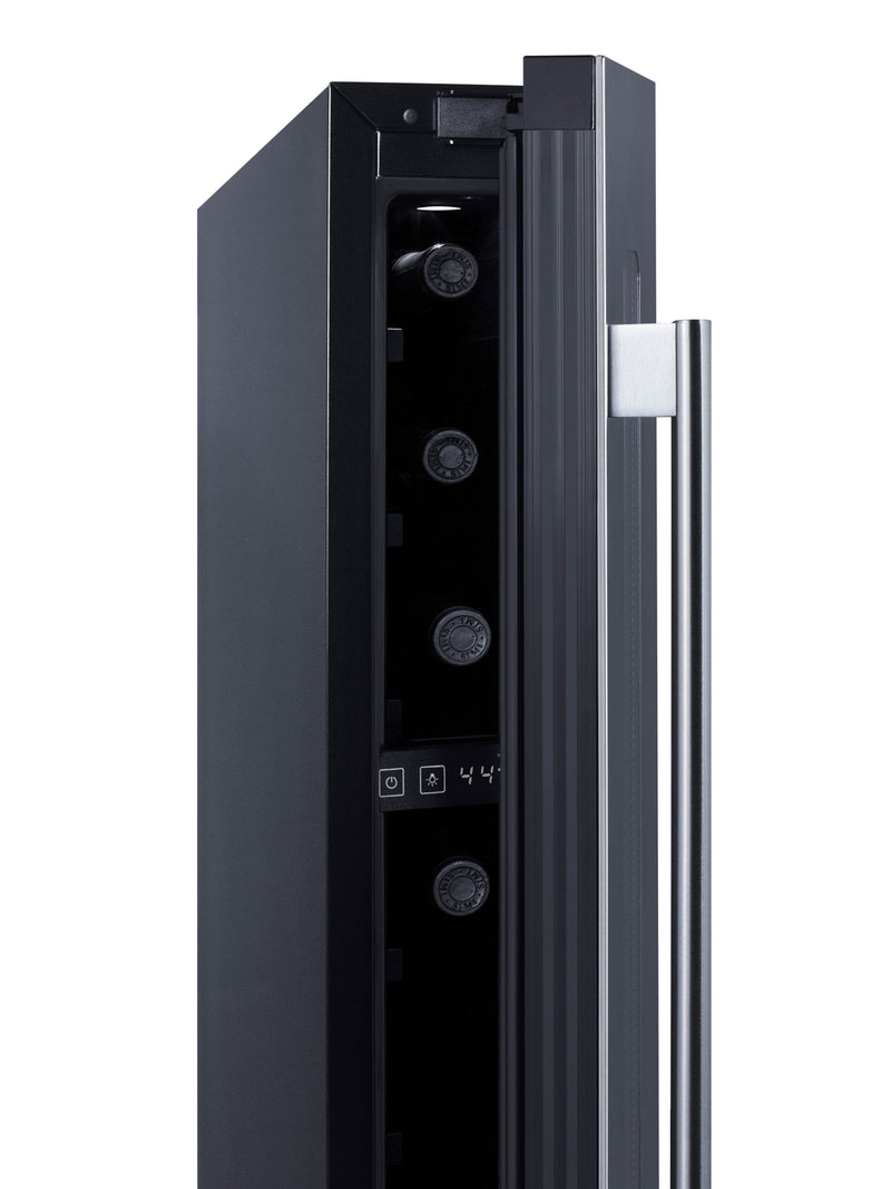 Summit SWC008SS stainless steel 6 in slim wine refrigerator, side and door detail
