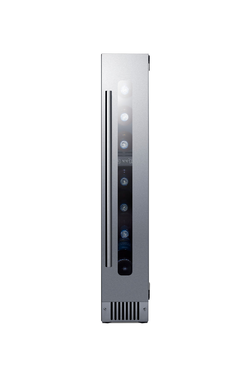 Summit SWC008SS stainless steel 6 in slim wine refrigerator, filled with bottles