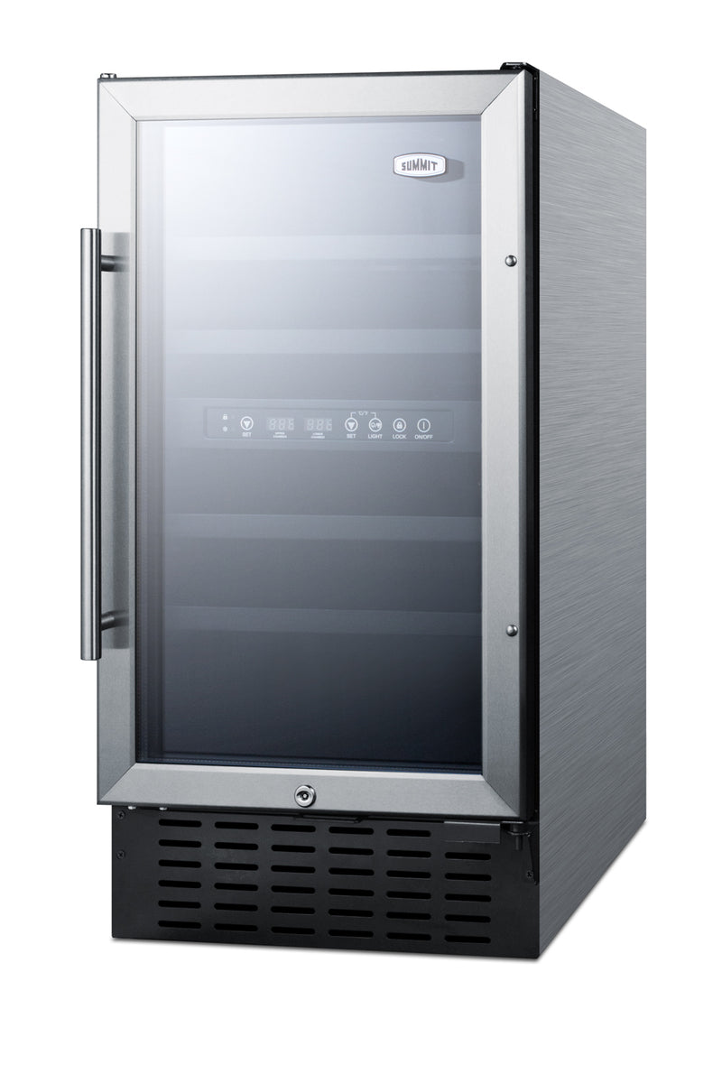 Summit SWC182ZCSS stainless steel 18 in dual-zone wine refrigerator, angle view showing the stainless steel cabinet