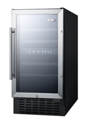 Summit SWC182Z black 18 in dual-zone wine refrigerator, angle view showing the black cabinet