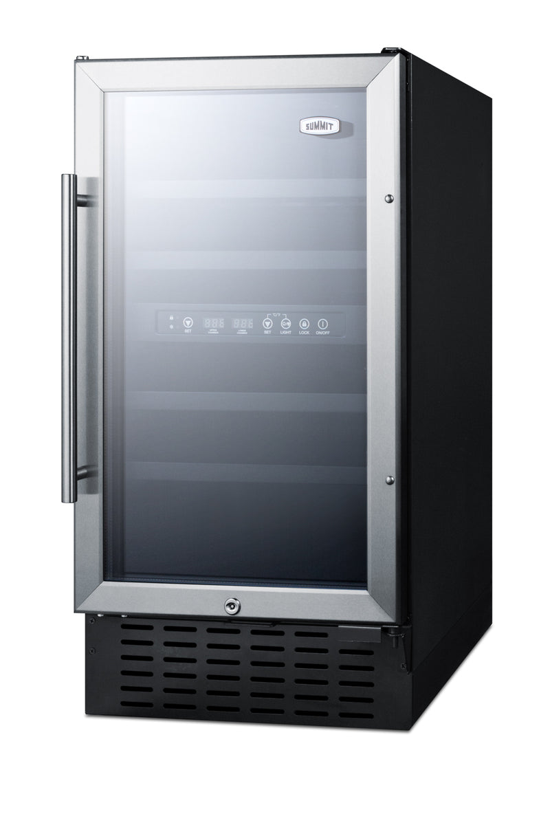 Summit SWC182Z black 18 in dual-zone wine refrigerator, angle view showing the black cabinet