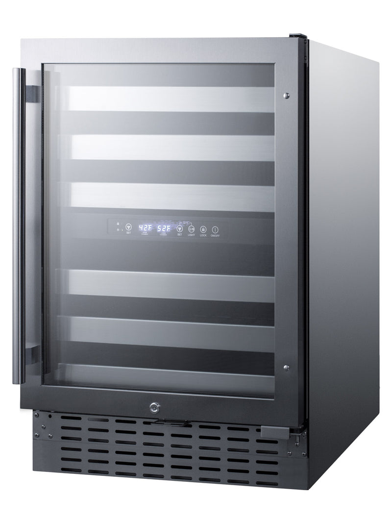 Summit SWC532BLBISTCSS 24 inch dual-zone wine refrigerator, stainless steel cabinet, angle