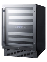 Summit SWC532BLBIST 24 inch dual-zone wine refrigerator, glass door, black cabinet, angle