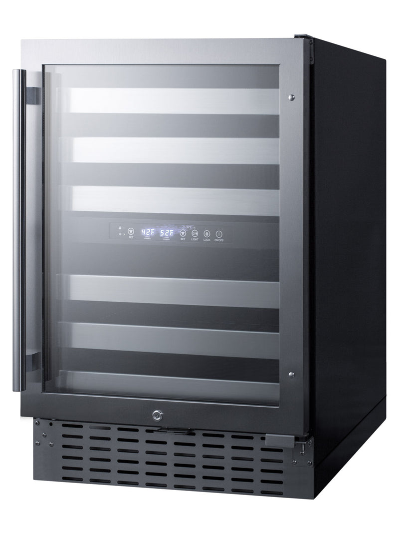 Summit SWC532BLBIST 24 inch dual-zone wine refrigerator, glass door, black cabinet, angle