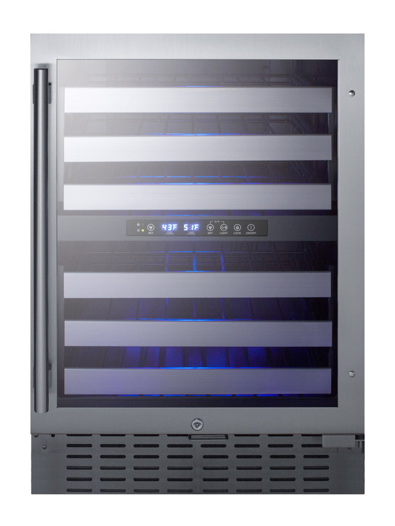 Summit SWC532BLBIST 24 inch dual-zone wine refrigerator, glass door, black cabinet, front