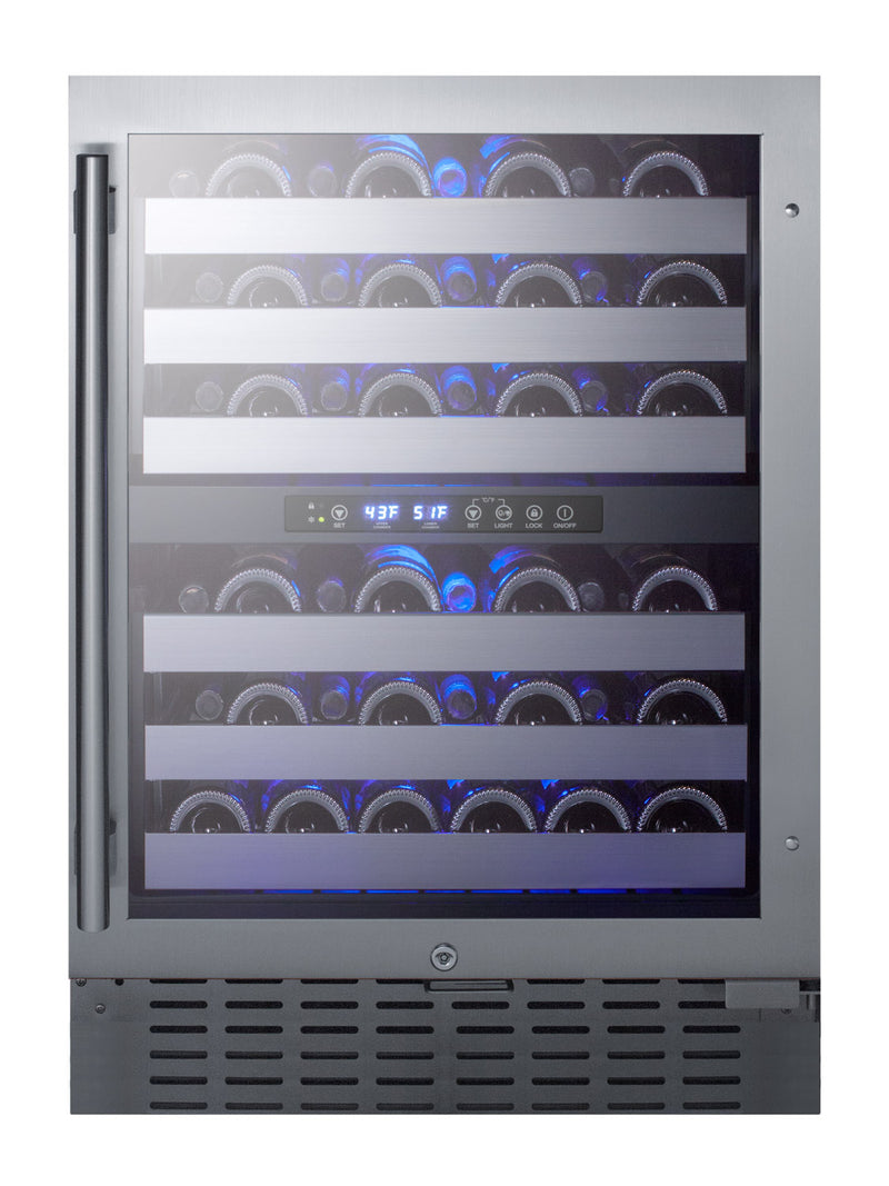 Summit SWC532BLBIST 24 inch dual-zone wine refrigerator, glass door, black cabinet, loaded