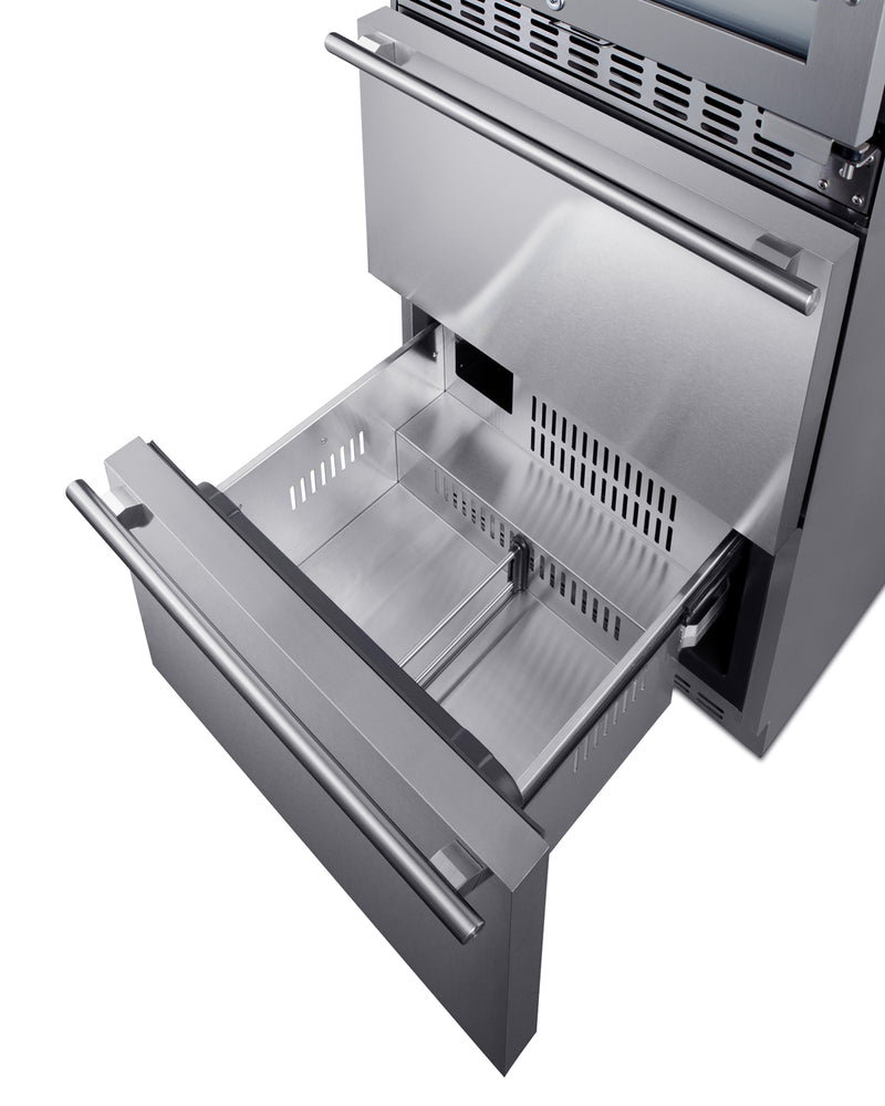 Summit SWCDAF24 stainless steel 24 in wine refrigerator with freezer drawers, lower freezer drawer open