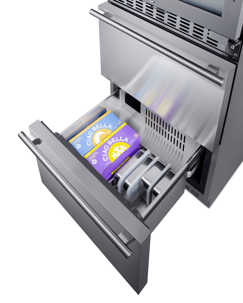 Summit SWCDAF24 stainless steel 24 in wine refrigerator with freezer drawers, lower freezer drawer open with food