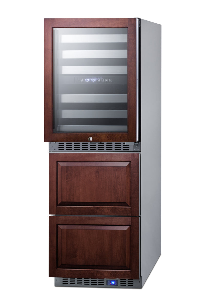 Summit SWCDAR24PNR panel-ready 24 in wine refrigerator with refrigerator drawers, shown with custom wood panels, angle view