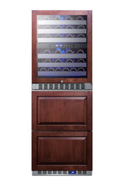 Summit SWCDAR24PNR panel-ready 24 in wine refrigerator with refrigerator drawers, shown with custom wood panels, front view filled with bottles