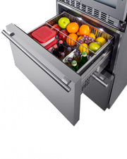 Summit SWCDAR24 stainless steel 24 in wine refrigerator with refrigerator drawers, upper drawer open with food