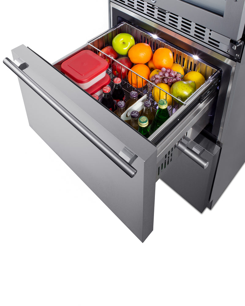 Summit SWCDAR24 stainless steel 24 in wine refrigerator with refrigerator drawers, upper drawer open with food