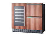 Summit SWCDAR36UCPNR panel-ready 36 in undercounter wine cooler and drawer refrigerator, shown with custom wood panels, angle view filled with bottles