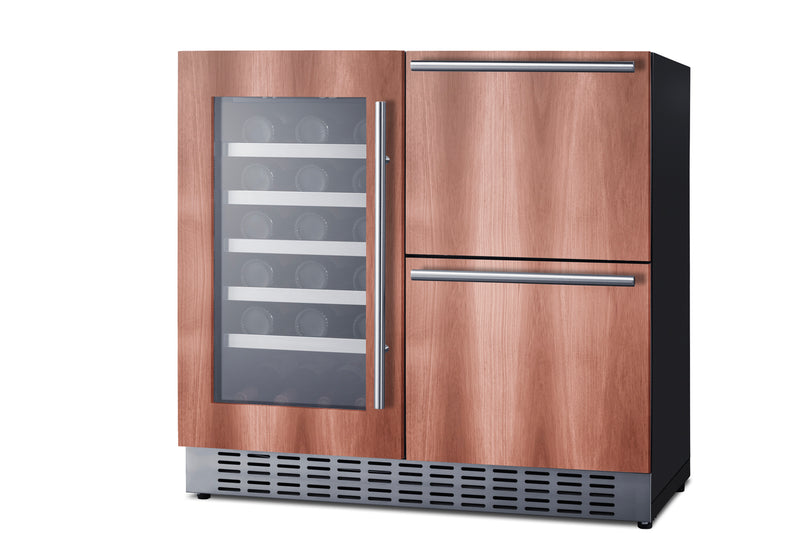 Summit SWCDAR36UCPNR panel-ready 36 in undercounter wine cooler and drawer refrigerator, shown with custom wood panels, angle view filled with bottles