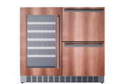 Summit SWCDAR36UCPNR panel-ready 36 in undercounter wine cooler and drawer refrigerator, shown with custom wood panels, front view