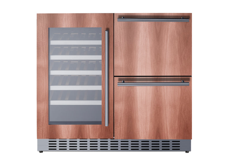 Summit SWCDAR36UCPNR panel-ready 36 in undercounter wine cooler and drawer refrigerator, shown with custom wood panels, front view