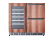 Summit SWCDAR36UCPNR panel-ready 36 in undercounter wine cooler and drawer refrigerator, shown with custom wood panels, front view filled with bottles