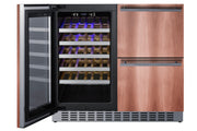 Summit SWCDAR36UCPNR panel-ready 36 in undercounter wine cooler and drawer refrigerator, wine door open, custom wood panels