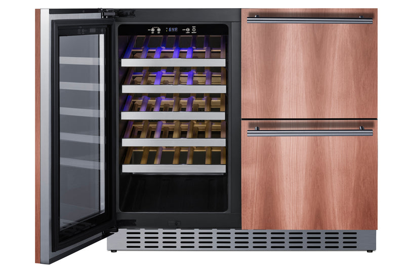 Summit SWCDAR36UCPNR panel-ready 36 in undercounter wine cooler and drawer refrigerator, wine door open, custom wood panels