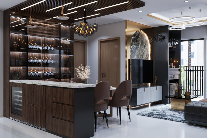 Summit SWCDAR36UCPNR panel-ready 36 in undercounter wine cooler and drawer refrigerator, installed in a home bar with custom wood panels