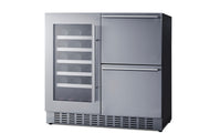 Summit SWCDAR36UC stainless steel 36 in undercounter wine cooler and drawer refrigerator, angle view filled with bottles