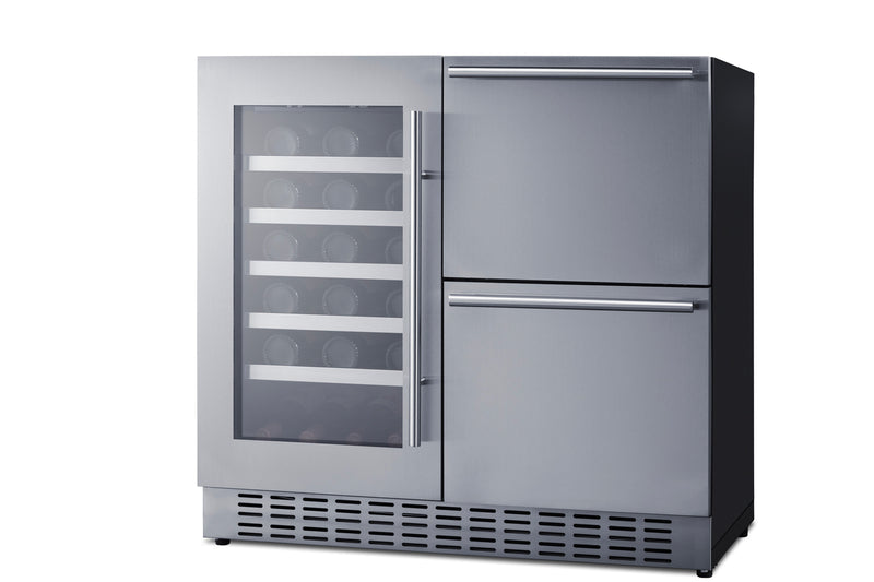 Summit SWCDAR36UC stainless steel 36 in undercounter wine cooler and drawer refrigerator, angle view filled with bottles