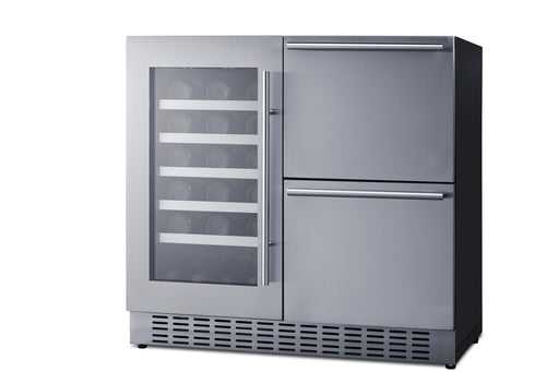 Summit SWCDAR36UC stainless steel 36 in undercounter wine cooler and drawer refrigerator, angle view filled with bottles