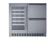 Summit SWCDAR36UC stainless steel 36 in undercounter wine cooler and drawer refrigerator, front view filled with bottles
