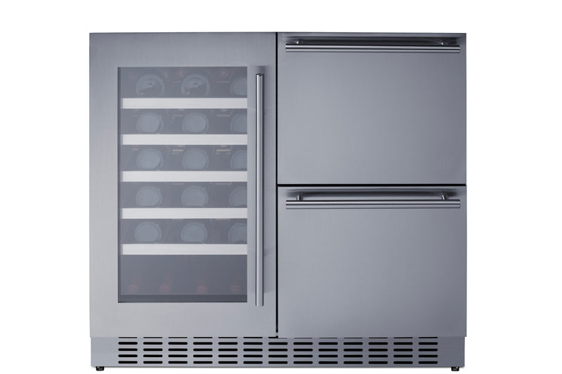 Summit SWCDAR36UC stainless steel 36 in undercounter wine cooler and drawer refrigerator, front view filled with bottles