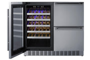 Summit SWCDAR36UC stainless steel 36 in undercounter wine cooler and drawer refrigerator, wine door open