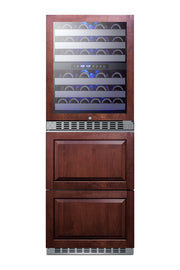Summit SWCDRF24PNR panel-ready 24 in wine refrigerator with refrigerator-freezer drawers, shown with custom wood panels, front view filled with bottles
