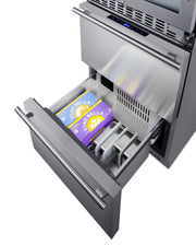 Summit SWCDRF24 stainless steel 24 in wine refrigerator with refrigerator-freezer drawers, lower freezer drawer open with food