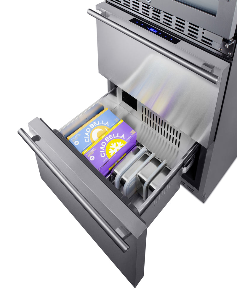 Summit SWCDRF24 stainless steel 24 in wine refrigerator with refrigerator-freezer drawers, lower freezer drawer open with food