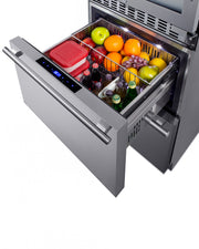 Summit SWCDRF24 stainless steel 24 in wine refrigerator with refrigerator-freezer drawers, upper drawer open with food