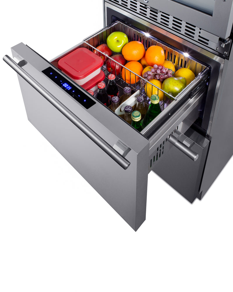 Summit SWCDRF24 stainless steel 24 in wine refrigerator with refrigerator-freezer drawers, upper drawer open with food