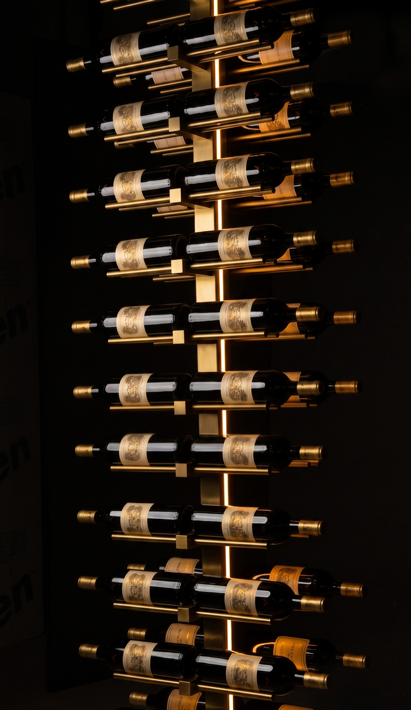 Genuwine Cellars Reserve Echelon Metal Wine Rack, Gold Wall Mounted Cantilever Cable Display